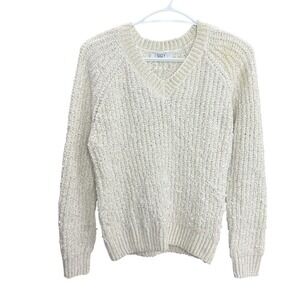 SUZY SHIER V-Neck Pullover Sweater Off White Ribbed size Medium Knitted Sweater